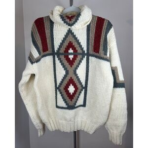 Vintage Ikat Aztec Hand Knit Wool Blend Turtleneck Sweater Size L 90s